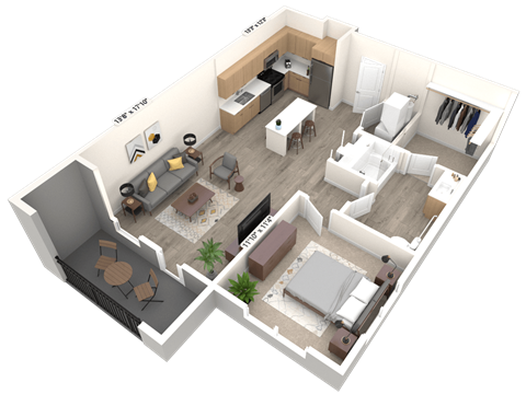 Floor plan for 1 bed, 1 bath, 783 sqft